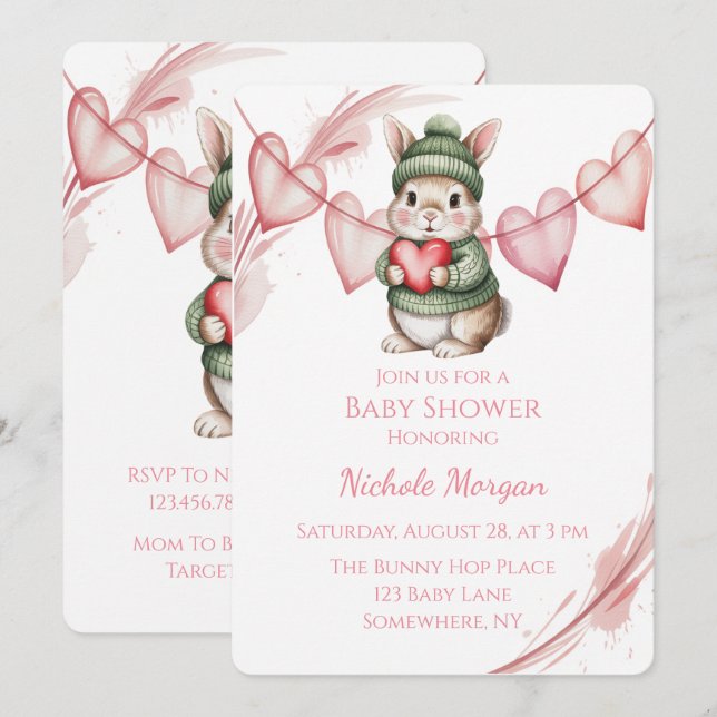 Invitation Sweet Watercolor Bunny Baby Shower  (Devant / Derrière)