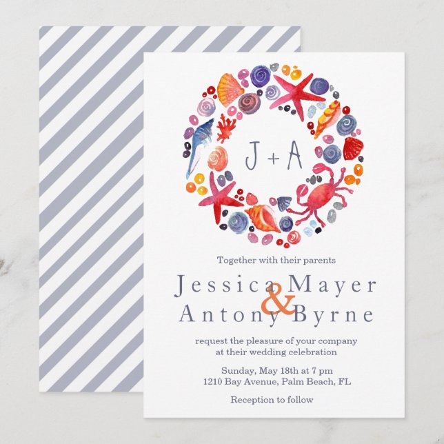 Invitation Sweet Watercolor Nautical Wreath Beach Mariage (Devant / Derrière)