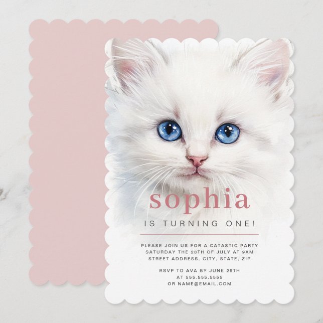 Invitation Sweet White Chat Première fête d'anniversaire Invi (Devant / Derrière)
