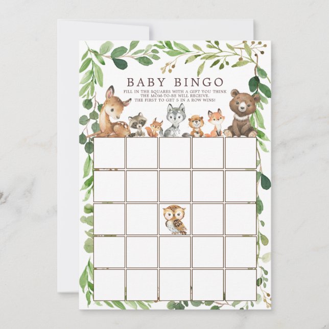 Invitation Sweet Woodland Animaux BINGO Baby shower Jeu (Devant)