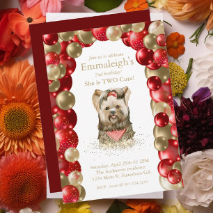 Invitation Sweet Yorkie Deux mignons Ballons Rouge Or Anniver