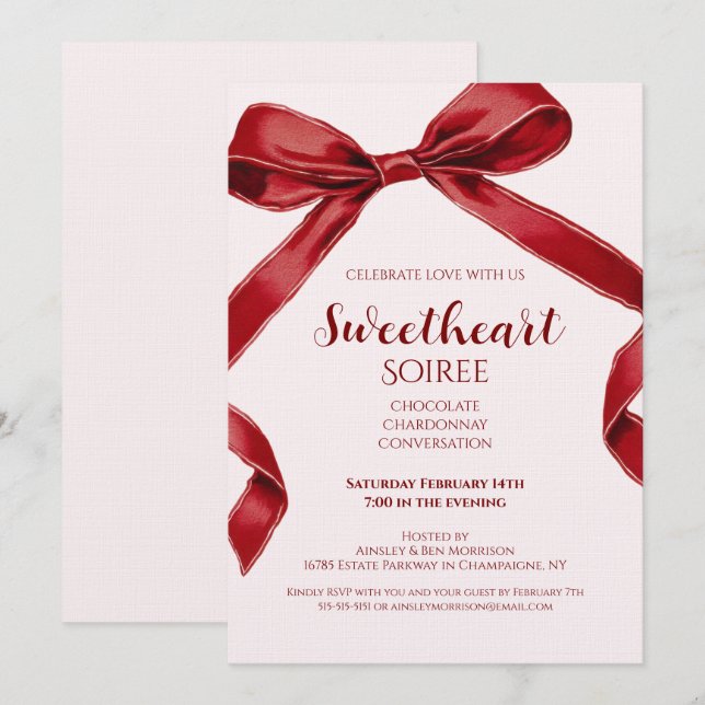 Invitation Sweetheart Soiree Elegant Bow Valentines Day Party (Devant / Derrière)