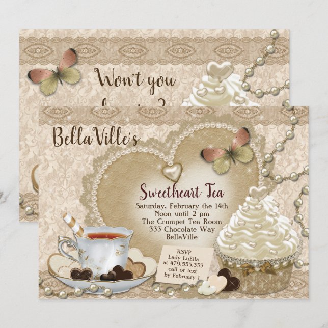 Invitation Sweetheart Valentine Tea Party (Devant / Derrière)