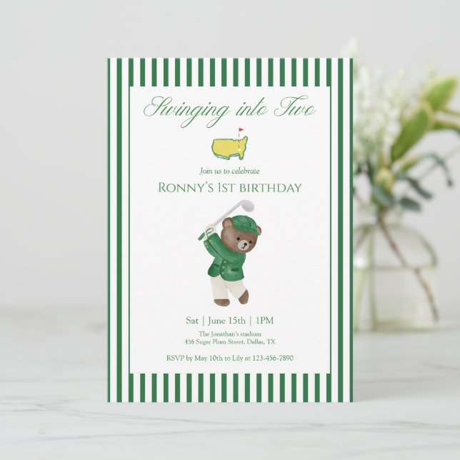 Invitation Swinging Into Two Golf 2nd Birthday Teddy Bear (Debout devant)