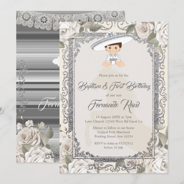 Invitation Sylver mexicain Fiesta Boy Baptême et anniversaire (Devant / Derrière)