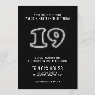 Invitation Symbole blanc Neon 19e fête d'anniversaire branché