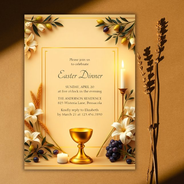 Invitation Symbole chrétien Élégant Dîner religieux de Pâques (Elegant Religious Easter Dinner Invitation with Christian Symbolism)