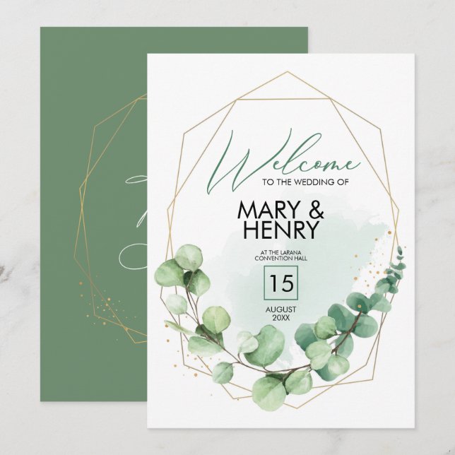 Invitation Symbole de bienvenue fête de mariage vert eucalypt (Devant / Derrière)