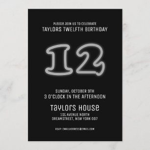 Invitation Symbole de Néon Blanc 12e fête d'anniversaire bran