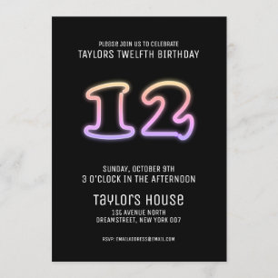 Invitation Symbole de néon coloré 12ème fête d'anniversaire b
