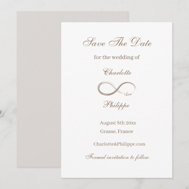 Invitation Symbole d'infini Or Blanc Save The Date Mariage (Devant / Derrière)