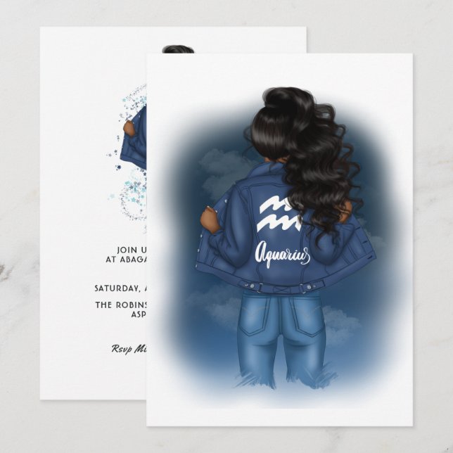 Invitation SYMBOLE Zodiaque Afro-Américain Aquarius Anniversa (Devant / Derrière)