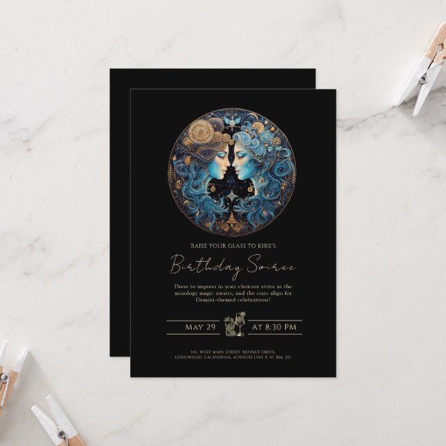 Invitation Symbole zodiaque des jumeaux célestes Gemini d'or  (Devant/Arrière en situation)