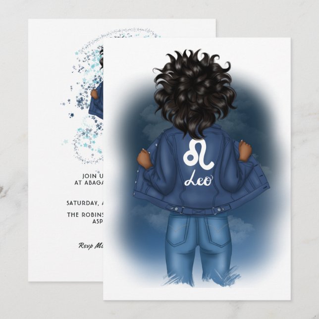 Invitation SYMBOLE Zodiaque Léo Afro-Américain fête d'anniver (Devant / Derrière)