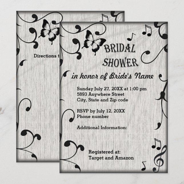 Invitation Symboles de musique, Feuille, Gris Fête des mariée (Devant / Derrière)