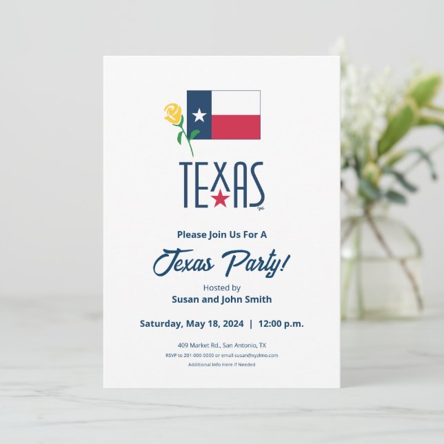 Invitation Symboles du Texas, drapeau du Texas et rose jaune (Debout devant)