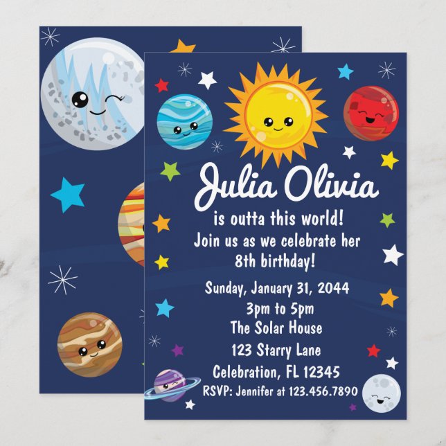 Invitation Système Solaire Kawaii En Dehors De Ce Monde Anniv (Devant / Derrière)
