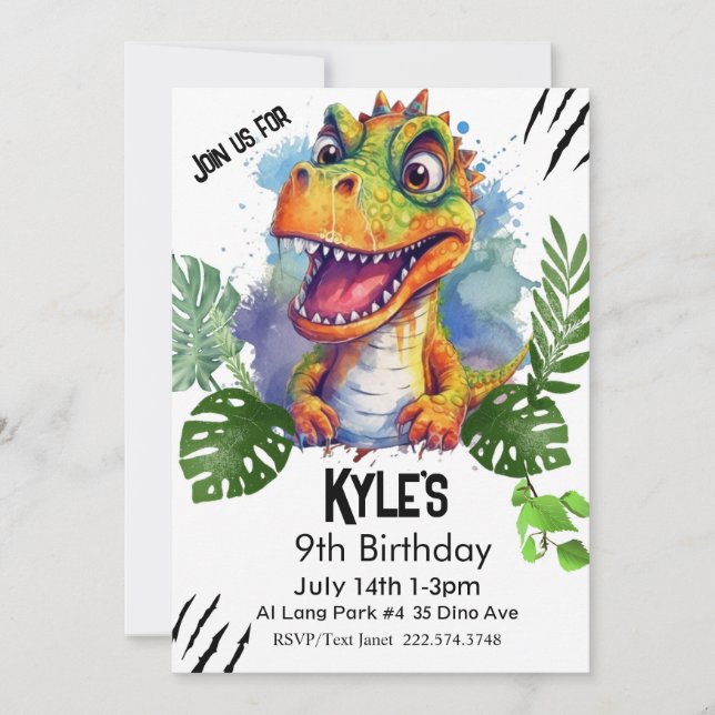 Invitation T Rex, Anniversaire De Dinosaure, (Devant)