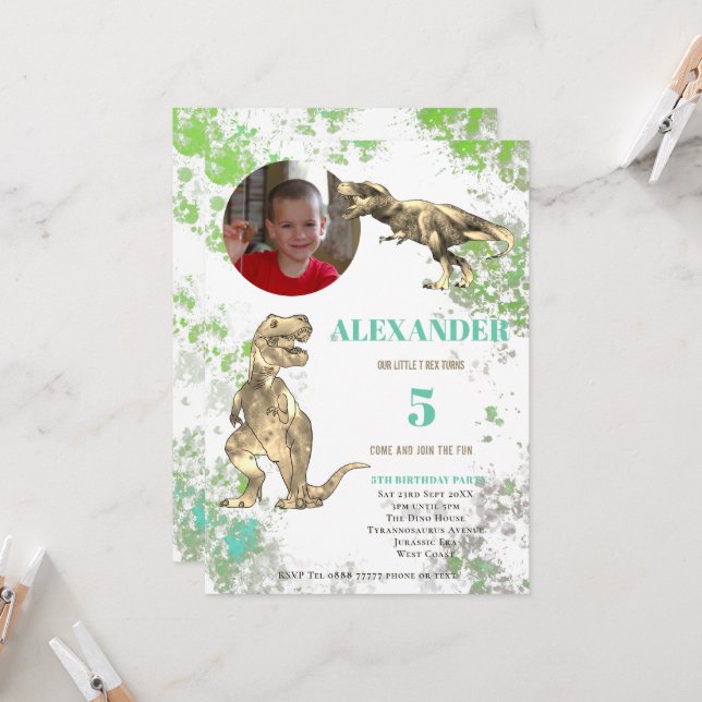 Invitation T rex Dinosaur 5e anniversaire Photo (Devant/Arrière en situation)