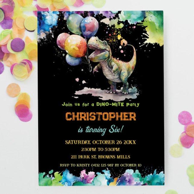 Invitation T-Rex Dinosaur Ballons Peinture Splash Anniversair (Créateur téléchargé)