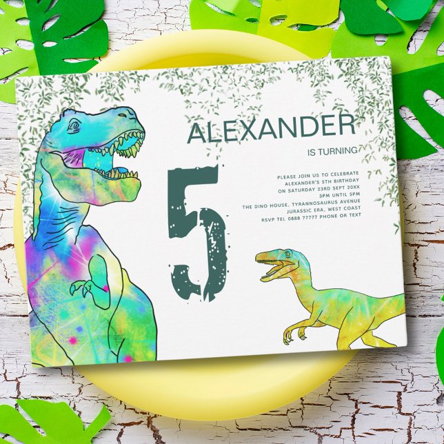 Invitation T-Rex et Raptor Dinosaur 5ème anniversaire (dinosaur 5th birthday party invitation with colorful T-Rex and Velociraptor )