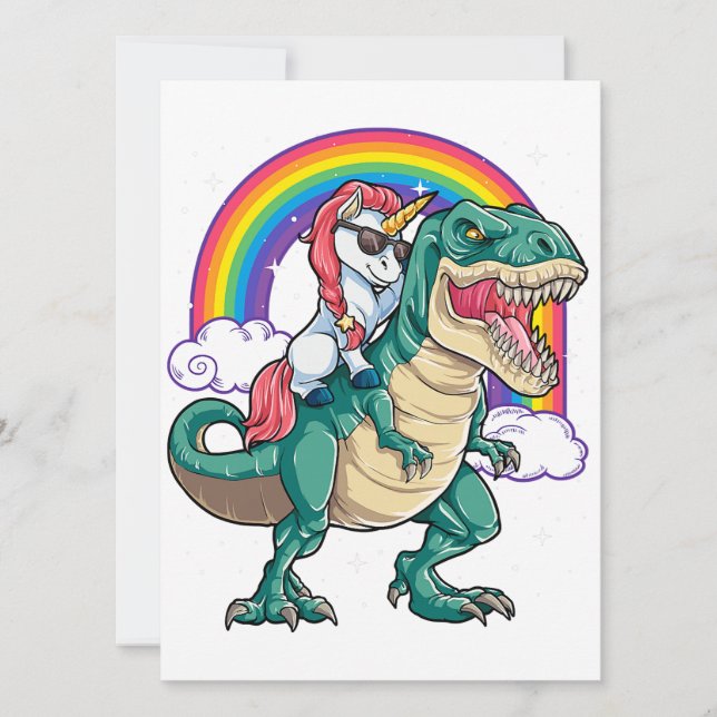 Invitation T-Shirt Licorne Chevauchant T-Rex Dinosaure Garçon (Devant)