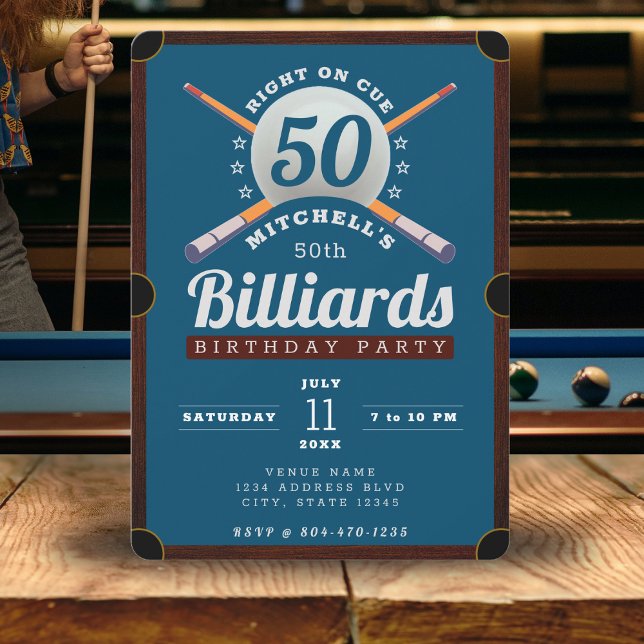 Invitation Table de billard Billard 50e anniversaire de fête  (Pool Billiards 50th Birthday Party Blue Invitation
)