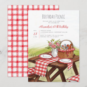 Invitation Table de pique-nique aquarelle été rouge 60e anniv
