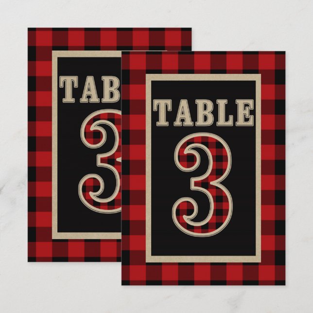 Invitation Table numéro 3 rustique à carreaux rouge et noir d (Devant / Derrière)