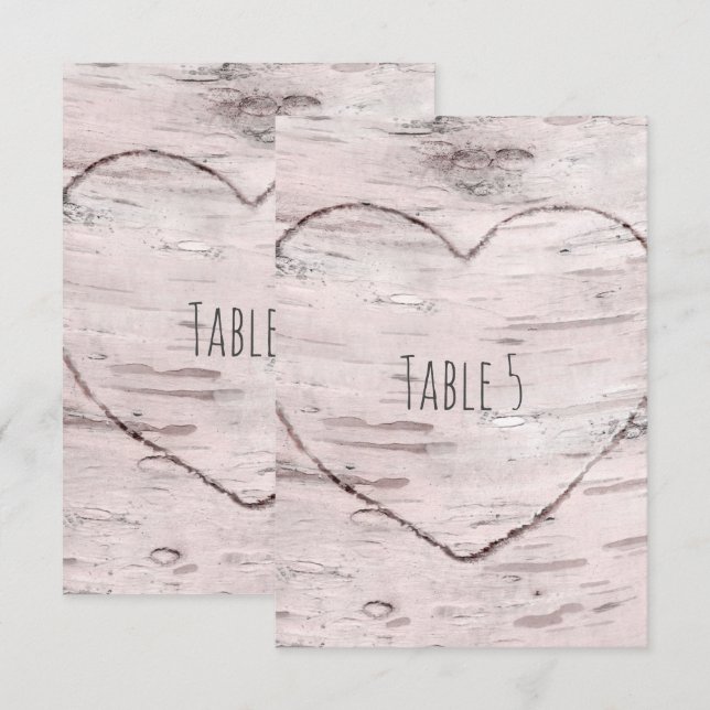 Invitation Table numéro de bouleau et cœur sculpté rustique (Devant / Derrière)