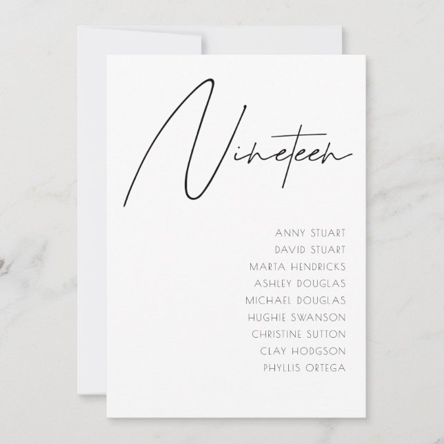 Invitation Tableau 19 Mariage moderne Numéro de tableau modèl (Devant)
