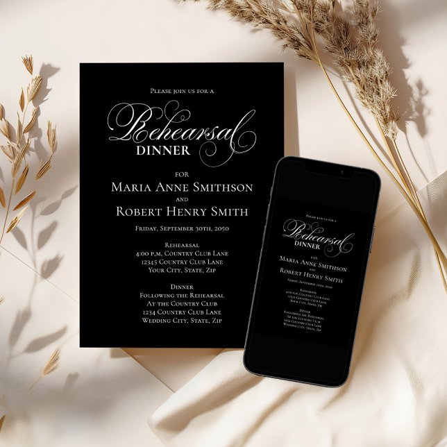 Invitation Tableau chronologique du dîner de répétition noir  (Black and white wedding rehearsal dinner invitation template. )