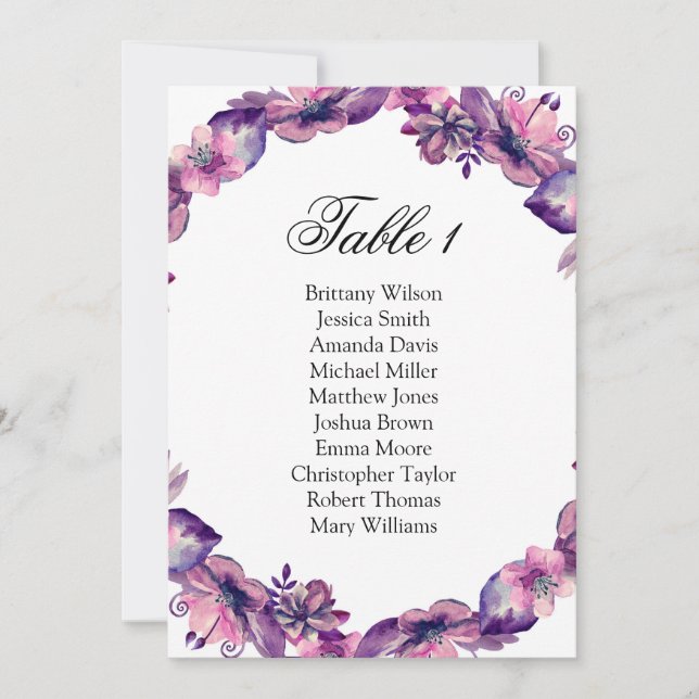Invitation Tableau de mariage avec fleurs violettes. Plan de  (Devant)