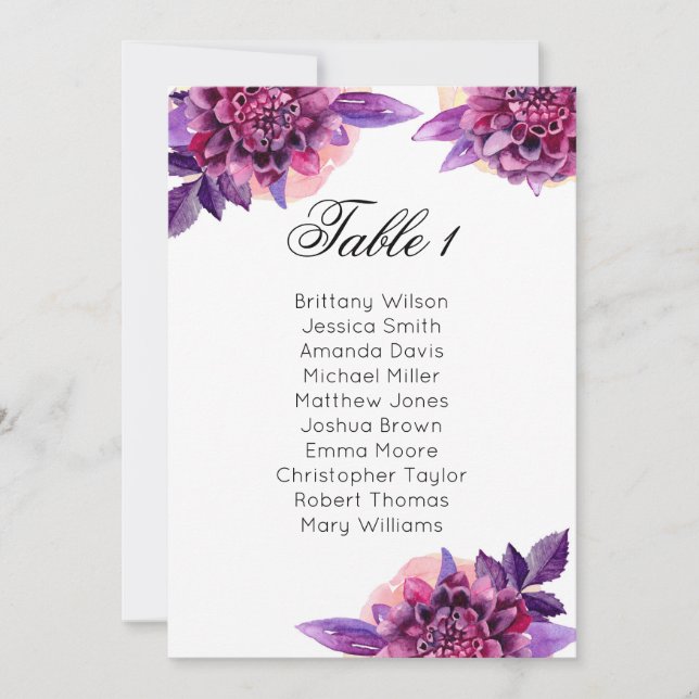 Invitation Tableau de sièges mariage violet. Plan de table fl (Devant)