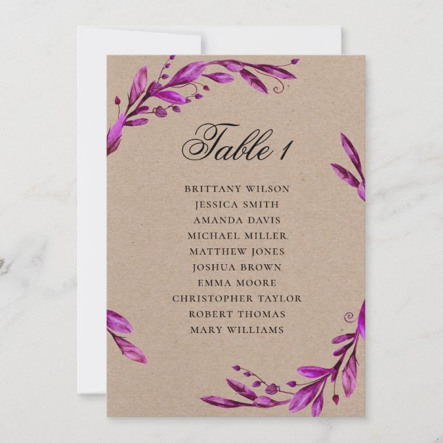 Invitation Tableau de sièges mariage violet rustique. Pays de (Devant)