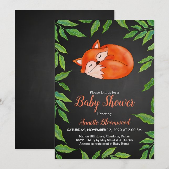 Invitation Tableau | Fox | FEUILLE | Baby shower des bois (Devant / Derrière)