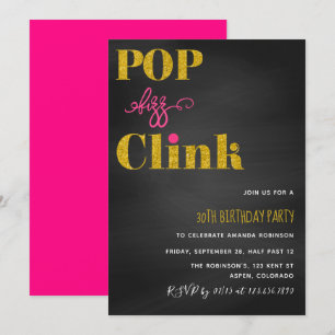 Invitation Tableau noir à paillettes rose et or Pop fizz clin