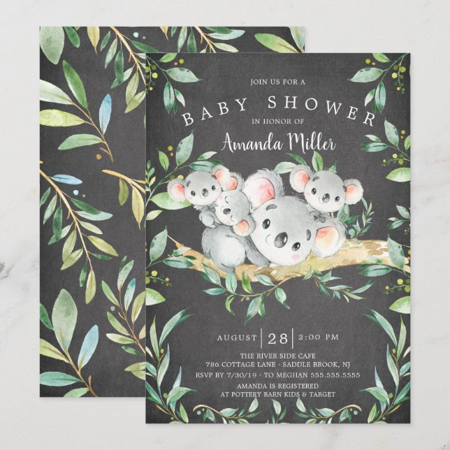 Invitation Tableau noir Adorable Koala Oear Triplet Baby show (Devant / Derrière)
