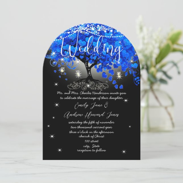 Invitation Tableau Noir Bleu Royal Cœur Arbre Feuille (Debout devant)