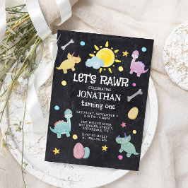 Invitation Tableau noir coloré Dinosaur 1er anniversaire