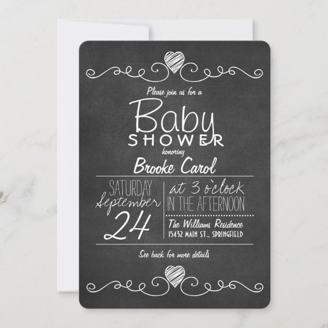 Invitation Tableau noir et blanc, Baby shower de coeur (Devant)