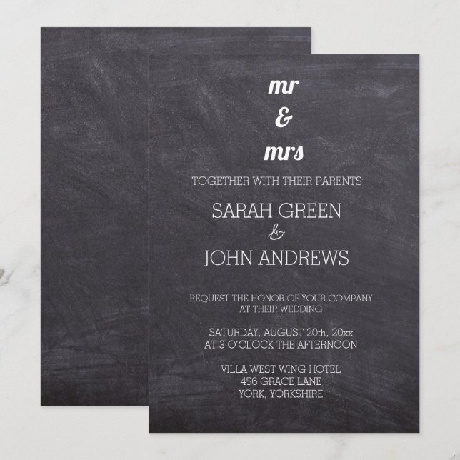 Invitation Tableau noir et blanc M & Mme Mariage (Devant / Derrière)