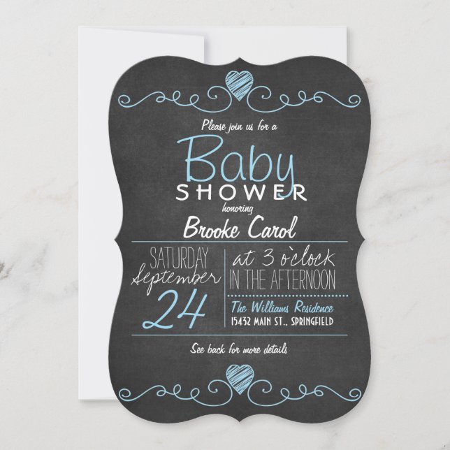 Invitation Tableau noir et blanc rustique, Baby shower cardia (Devant)