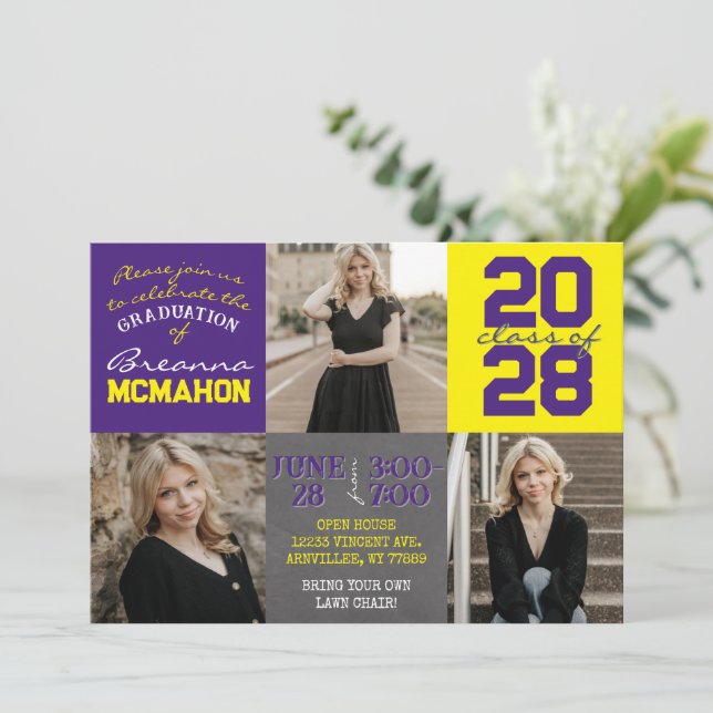 Invitation Tableau noir et jaune 3 Diplôme photo (Debout devant)