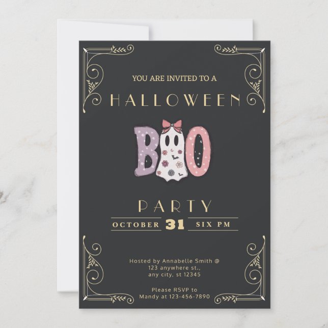 Invitation Tableau noir et or BOO joli Ghost Halloween (Devant)