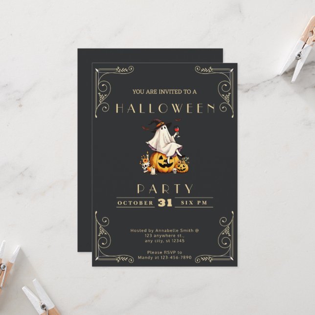 Invitation Tableau noir et or Vin fantôme Crâne Halloween (Devant/Arrière en situation)