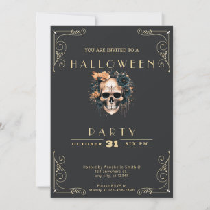 Invitation Tableau noir Fleurs de crâne noires et or Hallowee