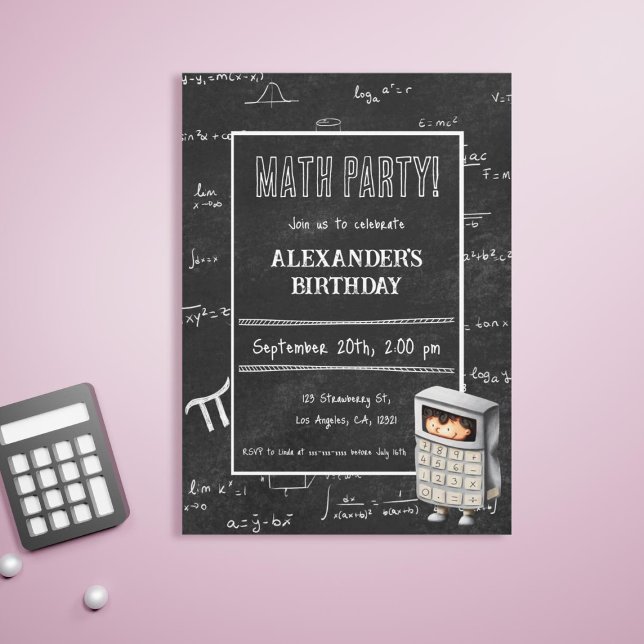 Invitation Tableau noir Formules mathématiques Formules enfan (Black Chalkboard Mathematic Formulas Kid Birthday Invitation by Kinda Cute by Patricia Alvarez)