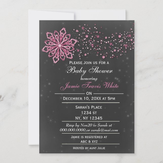 Invitation tableau noir Hiver Baby shower rose neige Invitati (Devant)
