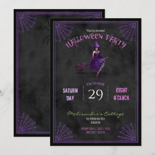 Invitation Tableau noir Jolie sorcière sur balai Halloween